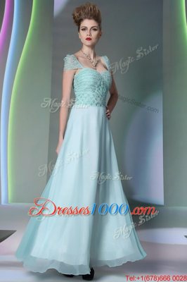 Light Blue Chiffon Side Zipper Sweetheart Cap Sleeves Floor Length Prom Evening Gown Beading and Lace