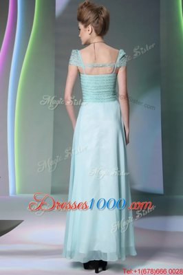 Light Blue Chiffon Side Zipper Sweetheart Cap Sleeves Floor Length Prom Evening Gown Beading and Lace