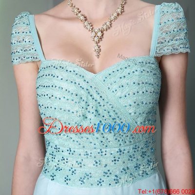 Light Blue Chiffon Side Zipper Sweetheart Cap Sleeves Floor Length Prom Evening Gown Beading and Lace