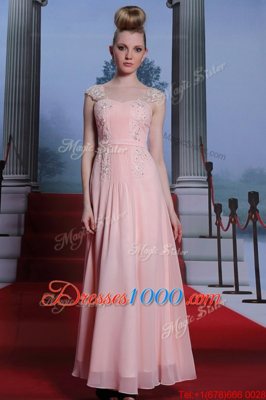 Artistic Baby Pink Empire Chiffon Sweetheart Cap Sleeves Beading Floor Length Side Zipper Prom Party Dress