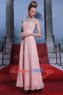 Artistic Baby Pink Empire Chiffon Sweetheart Cap Sleeves Beading Floor Length Side Zipper Prom Party Dress