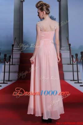 Artistic Baby Pink Empire Chiffon Sweetheart Cap Sleeves Beading Floor Length Side Zipper Prom Party Dress