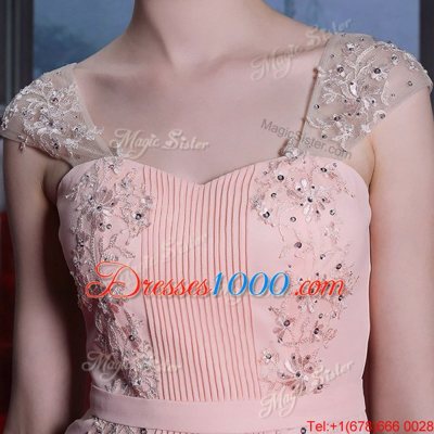 Artistic Baby Pink Empire Chiffon Sweetheart Cap Sleeves Beading Floor Length Side Zipper Prom Party Dress