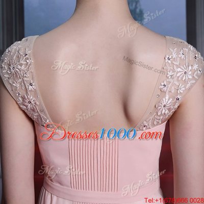 Artistic Baby Pink Empire Chiffon Sweetheart Cap Sleeves Beading Floor Length Side Zipper Prom Party Dress