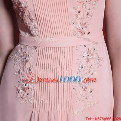 Artistic Baby Pink Empire Chiffon Sweetheart Cap Sleeves Beading Floor Length Side Zipper Prom Party Dress