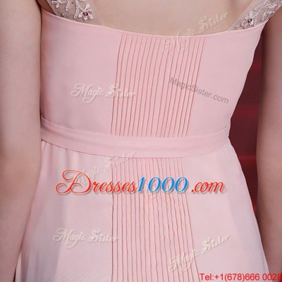 Artistic Baby Pink Empire Chiffon Sweetheart Cap Sleeves Beading Floor Length Side Zipper Prom Party Dress