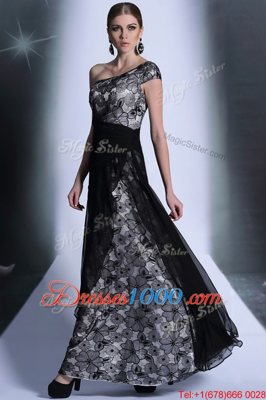 Fancy Black Column/Sheath One Shoulder Sleeveless Tulle and Lace Floor Length Side Zipper Embroidery Prom Party Dress