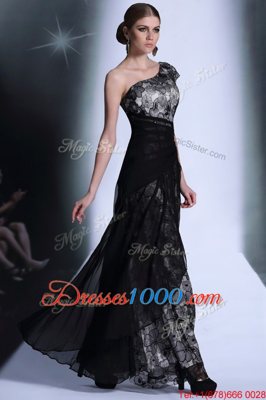 Fancy Black Column/Sheath One Shoulder Sleeveless Tulle and Lace Floor Length Side Zipper Embroidery Prom Party Dress