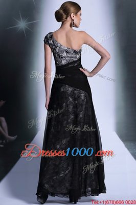 Fancy Black Column/Sheath One Shoulder Sleeveless Tulle and Lace Floor Length Side Zipper Embroidery Prom Party Dress