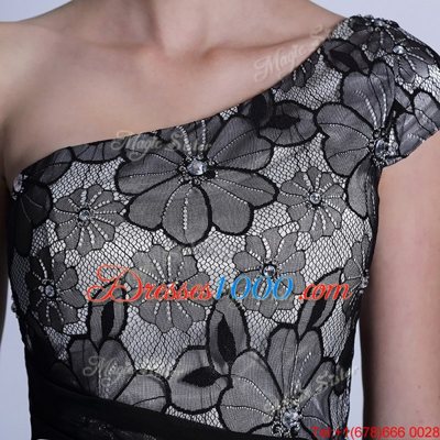 Fancy Black Column/Sheath One Shoulder Sleeveless Tulle and Lace Floor Length Side Zipper Embroidery Prom Party Dress