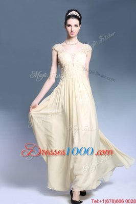 Cute Champagne Chiffon Zipper Dress for Prom Sleeveless Ankle Length Lace