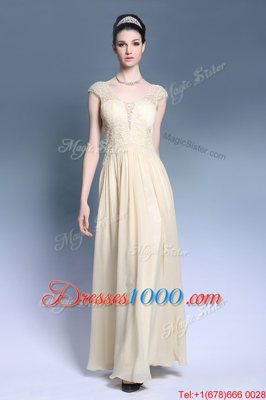 Cute Champagne Chiffon Zipper Dress for Prom Sleeveless Ankle Length Lace