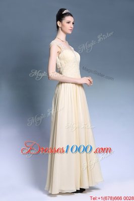 Cute Champagne Chiffon Zipper Dress for Prom Sleeveless Ankle Length Lace