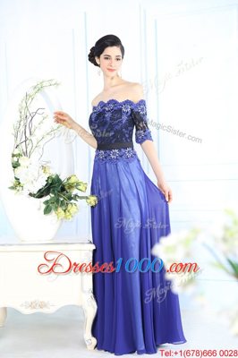Fantastic Scalloped Blue Half Sleeves Floor Length Beading and Appliques Zipper Prom Gown