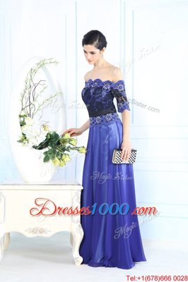 Fantastic Scalloped Blue Half Sleeves Floor Length Beading and Appliques Zipper Prom Gown