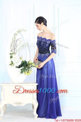 Fantastic Scalloped Blue Half Sleeves Floor Length Beading and Appliques Zipper Prom Gown