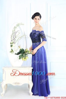 Fantastic Scalloped Blue Half Sleeves Floor Length Beading and Appliques Zipper Prom Gown