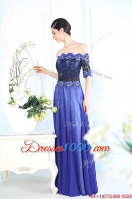 Fantastic Scalloped Blue Half Sleeves Floor Length Beading and Appliques Zipper Prom Gown