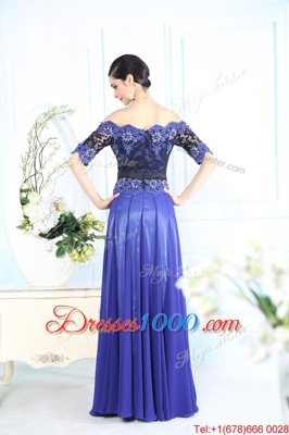 Fantastic Scalloped Blue Half Sleeves Floor Length Beading and Appliques Zipper Prom Gown