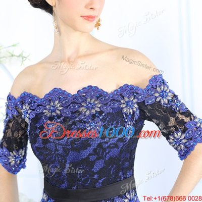 Fantastic Scalloped Blue Half Sleeves Floor Length Beading and Appliques Zipper Prom Gown