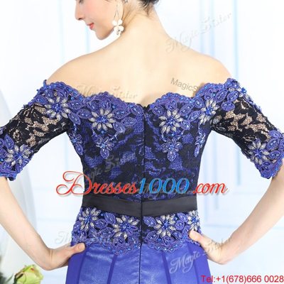 Fantastic Scalloped Blue Half Sleeves Floor Length Beading and Appliques Zipper Prom Gown