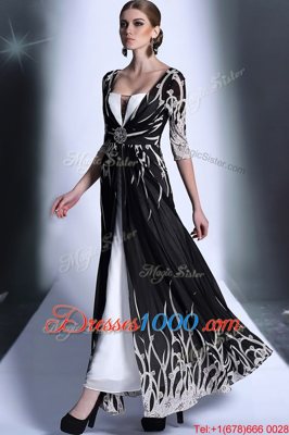 Shining Ankle Length Black Prom Dresses Square Half Sleeves Zipper