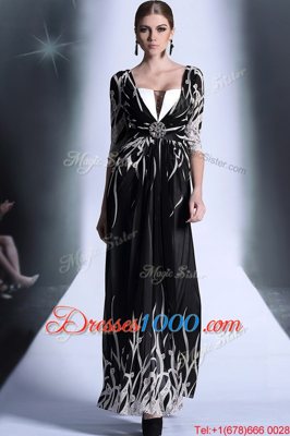 Shining Ankle Length Black Prom Dresses Square Half Sleeves Zipper