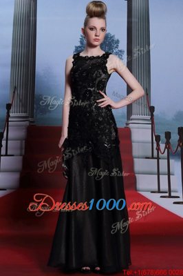 Black Prom and Party and For with Beading and Lace and Hand Made Flower Scoop Sleeveless Zipper