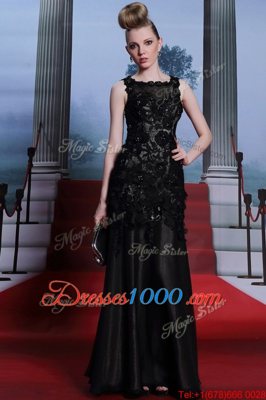 Black Prom and Party and For with Beading and Lace and Hand Made Flower Scoop Sleeveless Zipper