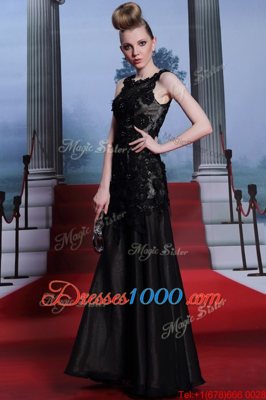 Black Prom and Party and For with Beading and Lace and Hand Made Flower Scoop Sleeveless Zipper