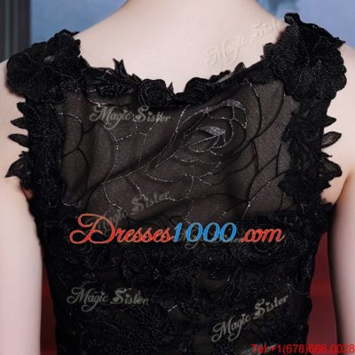 Black Prom and Party and For with Beading and Lace and Hand Made Flower Scoop Sleeveless Zipper