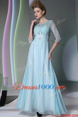 Super Light Blue Scoop Neckline Beading Prom Dresses Half Sleeves Zipper