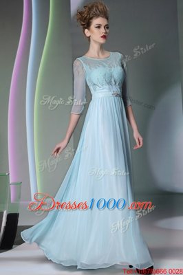 Super Light Blue Scoop Neckline Beading Prom Dresses Half Sleeves Zipper