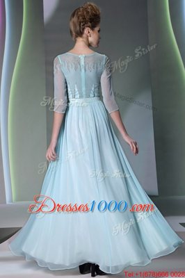 Super Light Blue Scoop Neckline Beading Prom Dresses Half Sleeves Zipper