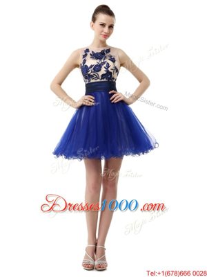 Enchanting Royal Blue Prom Party Dress Prom and Party and For with Appliques Scoop Sleeveless Clasp Handle