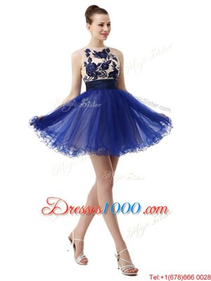 Enchanting Royal Blue Prom Party Dress Prom and Party and For with Appliques Scoop Sleeveless Clasp Handle
