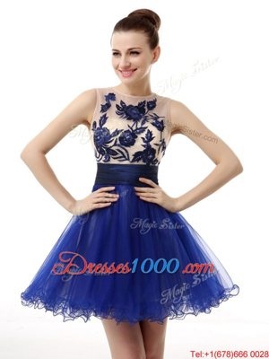 Enchanting Royal Blue Prom Party Dress Prom and Party and For with Appliques Scoop Sleeveless Clasp Handle