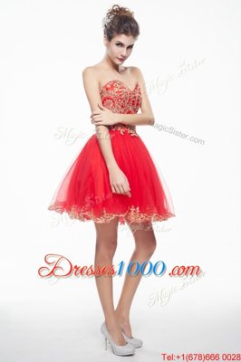 High Quality Mini Length Coral Red Junior Homecoming Dress Organza Sleeveless Appliques and Ruffles