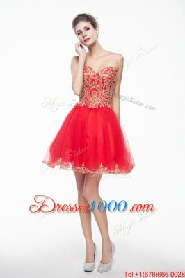 High Quality Mini Length Coral Red Junior Homecoming Dress Organza Sleeveless Appliques and Ruffles