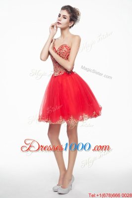 High Quality Mini Length Coral Red Junior Homecoming Dress Organza Sleeveless Appliques and Ruffles