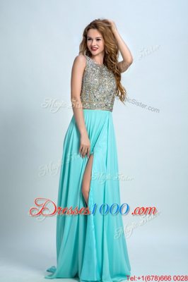 Scoop Sleeveless With Train Beading Backless with Aqua Blue Brush Train