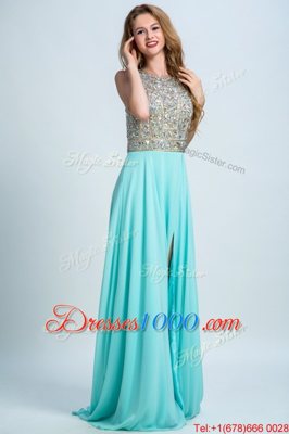 Scoop Sleeveless With Train Beading Backless with Aqua Blue Brush Train