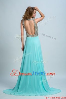 Scoop Sleeveless With Train Beading Backless with Aqua Blue Brush Train