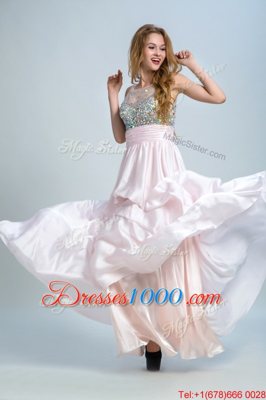 Baby Pink Chiffon Side Zipper Homecoming Dress Sleeveless Floor Length Beading and Ruching