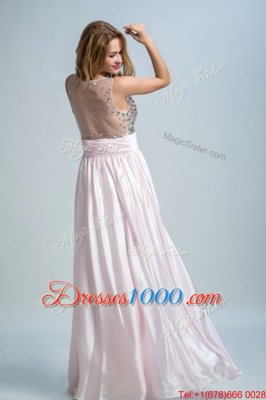 Baby Pink Chiffon Side Zipper Homecoming Dress Sleeveless Floor Length Beading and Ruching