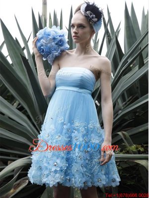 Classical Baby Blue Prom Evening Gown Prom and Party and For with Beading and Ruching Strapless Sleeveless Backless