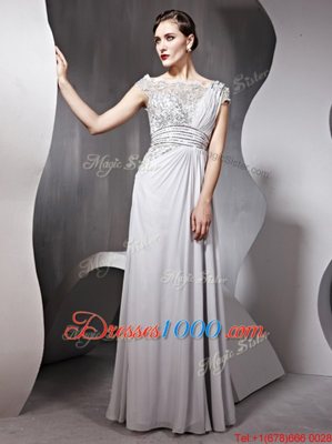 Dynamic Floor Length Silver Prom Dress Bateau Cap Sleeves Side Zipper