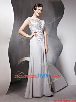 Dynamic Floor Length Silver Prom Dress Bateau Cap Sleeves Side Zipper