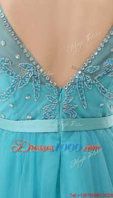 Fashionable Aqua Blue Prom Party Dress Prom and Party and For with Beading Bateau Sleeveless Zipper