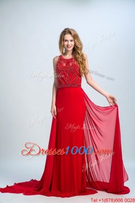 Ideal Scoop Sleeveless Chiffon With Train Court Train Side Zipper in Red for with Beading